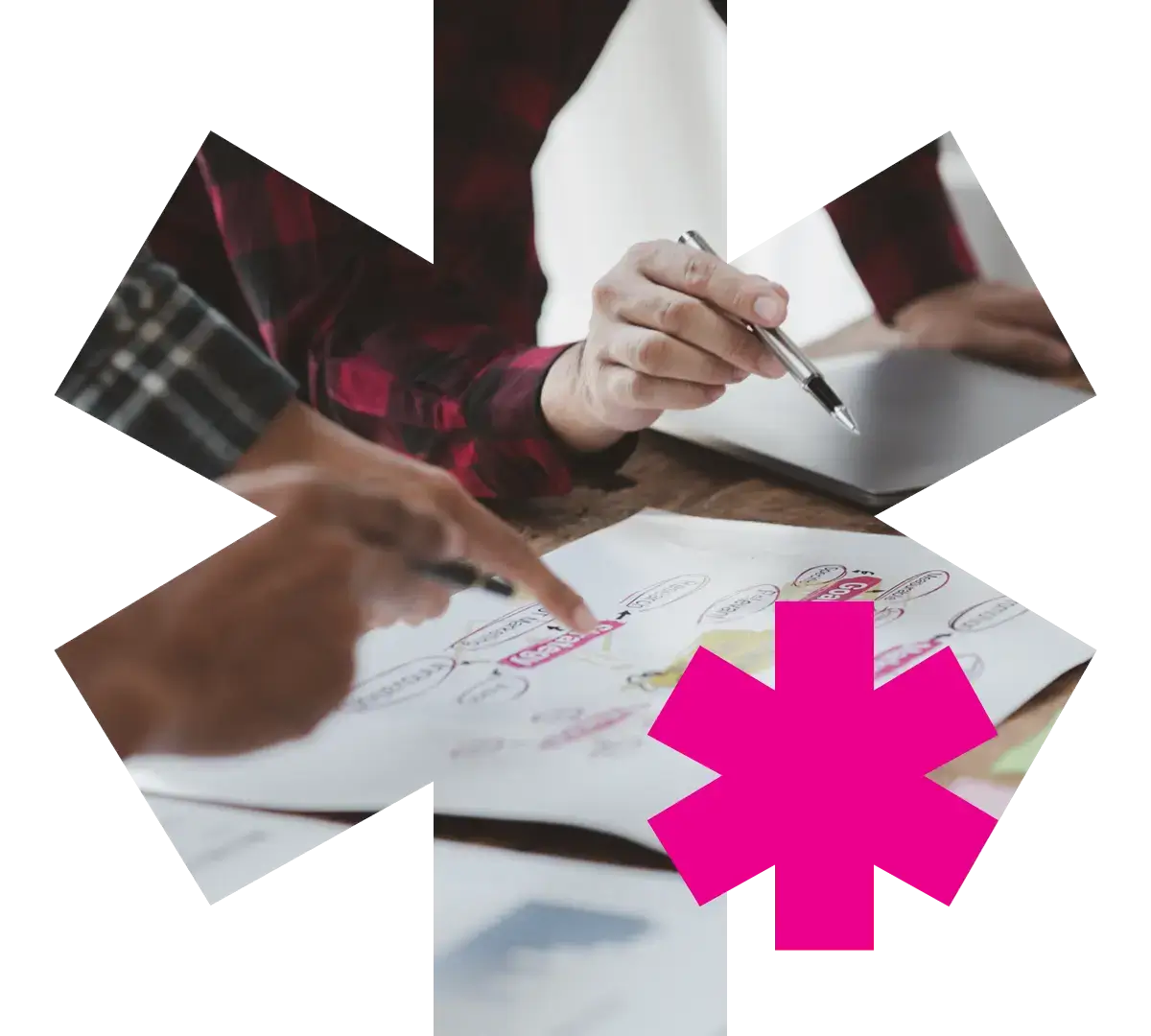 hands pointing at papers with marketing plans on them